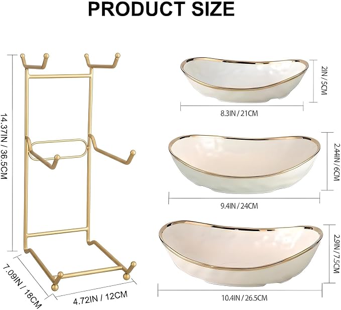 YYW 3 Tier Fruit Bowl for Kitchen Counter, White Ceramic Fruit Basket for Countertop, Home Fruit Stand with Metal Holder, Vegetable Bowl Snacks Nuts Bread Candy Storage (Gold 3-layer) - Image 3