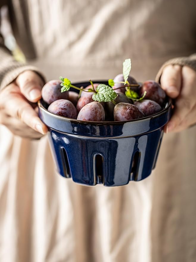 Gomakren Ceramic Berry Basket Set of 2, Fruit Bowl with Holes, Cobalt Blue | Drain Holes Keep Berries Fresh, Stackable Space-Saving, Dishwasher Safe, Versatile Fruit Serving & Farmhouse Kitchen Decor - Image 5