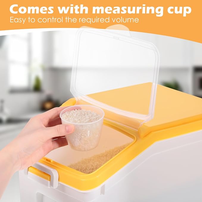 4 Pcs Rice Storage Containers Bulk Flour Sugar Container Wheels Measuring Cups Set Airtight Pet Dog Cat Birds Food Bin Grain Cereal Organizer Box for Dry Baking(Yellow,22 lb) - Image 5