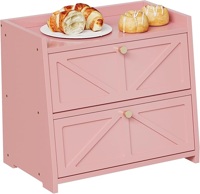 Trironsun Vintage Double Layer Bread Box for Kitchen Counter Bamboo Bread Storage Container Large Capacity Bread Storage Bin (Pink) by TrironsunHome