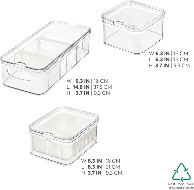 iDesign Crisp 3-Piece Recycled Plastic Refrigerator Organizer Bin Set with Lids, Clear/White - Image 3