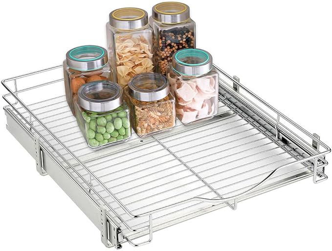 DINDON 1 Tier Pull Out Cabinet Organizer (14" W x 18" D) Heavy-Duty Metal Sliding Drawer Shelf, Slide Out Wire Basket for Kitchen Cabinets, Pantry, Bathroom, Chrome Finish… - Image 9