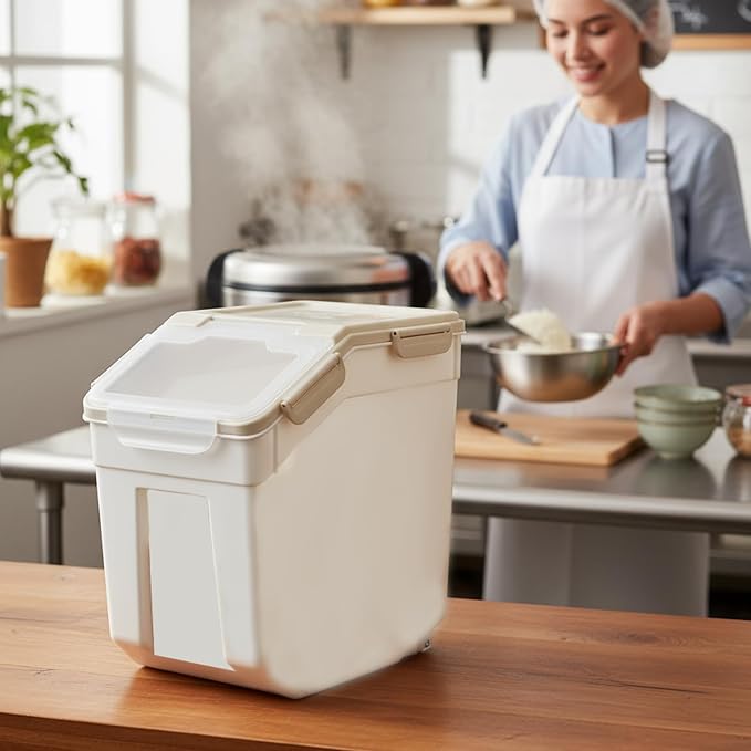 RUIAN 25lb Flour Rice Storage Containers Bin, Large Airtight Storage Container with Wheels Seal Locking Lid, with Measuring Cup&Scoop for Flour, Rice, Grain(Gray 4PCS) - Image 7