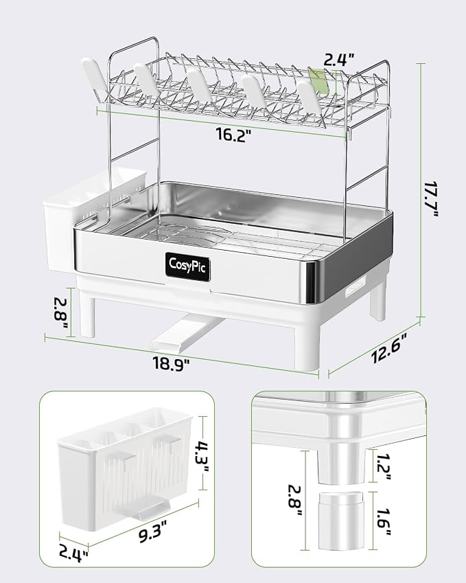 2 Tier Dish Drying Rack, Thicker Premium 304 Stainless Steel Dish Racks for Kitchen Counter, Automatic Drainage Spout, Dish Drainer & Drainboard Set with Utensil Holder and Cup Holder, White - Image 6