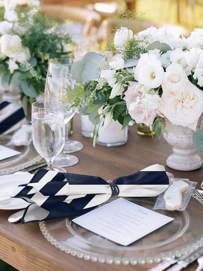Navy Blue Striped Cloth Napkins Set of 8, Red Anchor Summer Seaside Dinner Napkins Cloth Washable, Cocktail Napkins Reusable for Wedding, Party, Birthday (20"x20") - Image 4
