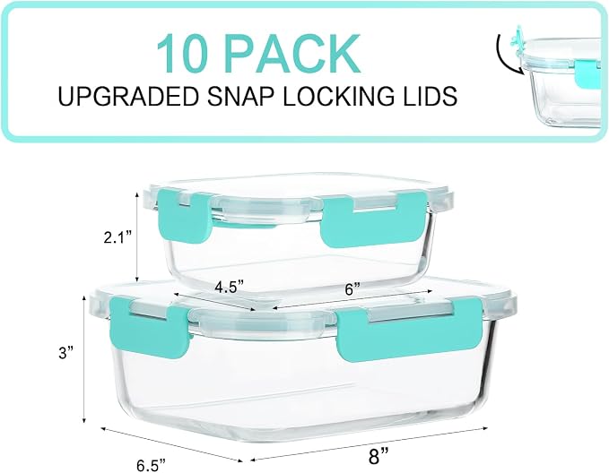 M MCIRCO 10 Pack Glass Food Storage Containers with Lids, Green | Glass Meal Prep Containers,Airtight Lunch Containers with Lids, Microwave, Oven, Freezer and Dishwasher Friendly, BPA Free - Image 2