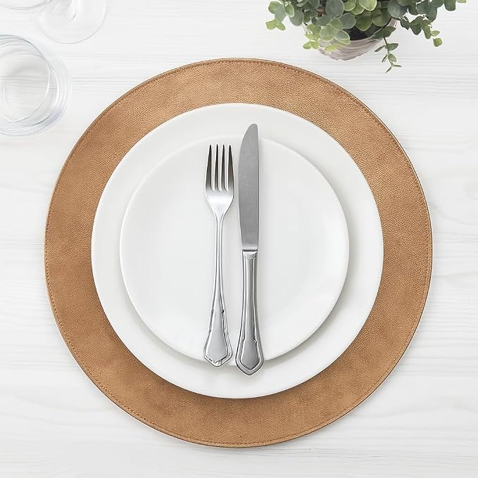 Morgan Faux Leather Round Set of 12 Placemats, 15", Camel, Heat Resistant, Stain Resistant, Non-Slip, Reversible, Durable Table Mats for Kitchen, Dining Table, Indoor Washable Use by Homewear