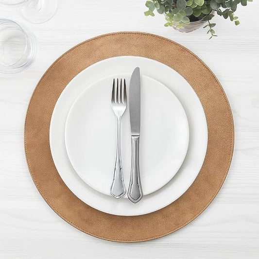 Morgan Faux Leather Round Set of 12 Placemats, 15", Camel, Heat Resistant, Stain Resistant, Non-Slip, Reversible, Durable Table Mats for Kitchen, Dining Table, Indoor Washable Use by Homewear