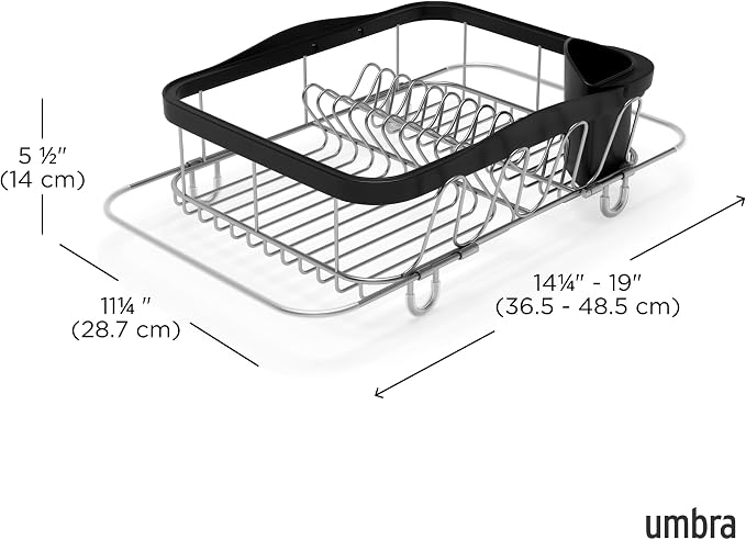 Umbra Sinkin Dish Drying Rack, in Sink or on Counter Drainer, Black/Nickel | Durable steel wire frame, rubber coated feet, low profile design, plastic base - Image 3