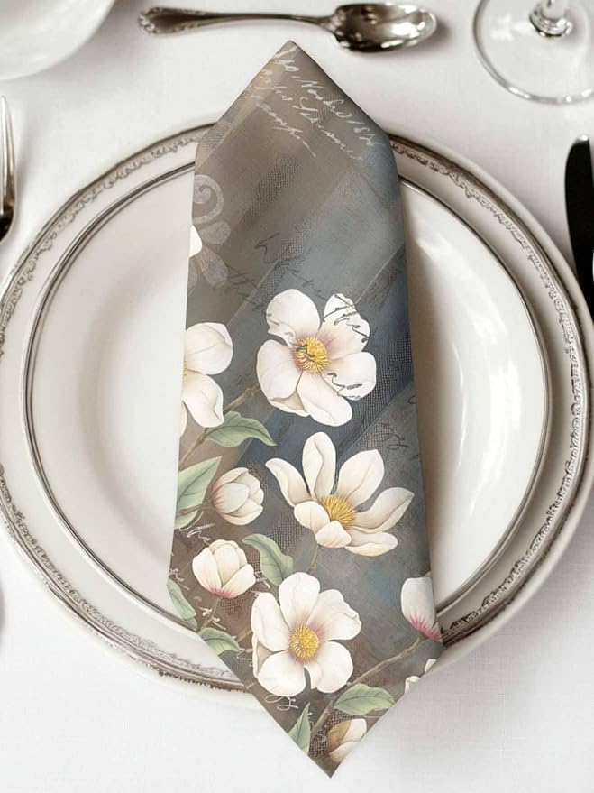 White Flower Cloth Napkins Set of 4, Rustic Floral Brown Grey Abstract Oil Paining Dinner Napkins Cloth Washable, Cocktail Napkins Reusable for Wedding, Party, Birthday (20"x20") - Image 2