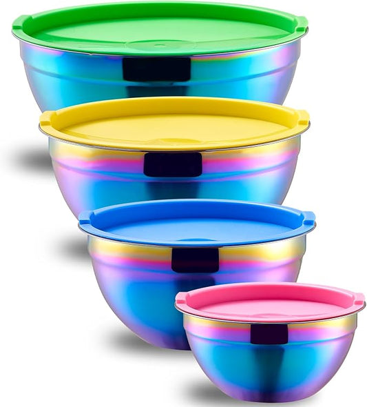 Rainbow Mixing Bowls With Airtight Lids,Stainless Steel Bowl,Salad Bowls 4 Piece Colorful Nesting Bowl Rainbow Kitchen Accessories,Size 5.5,3.6,2.1,1.5 QT Stackable Design by Onlycooker
