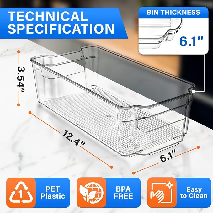 14-Piece Stackable Refrigerator Bin Organizer Set with Easy Grip Handles - Clear Multi-Purpose Storage Bins for Fridge and Pantry Use - Image 2