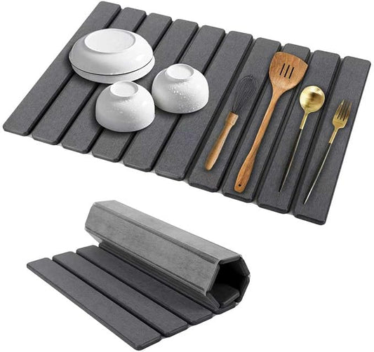 Stone Dish Drying Mat for Kitchen Counter, 24 x 16 Inch(Dark Gray) | Absorbent diatomaceous earth and PVC, folds for compact storage, suitable for dishes, cups, bottles, or a bathroom floor mat by Unknown