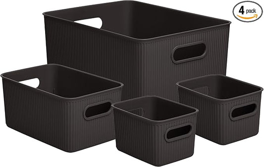 Superio Ribbed Collection - Decorative Plastic Basket Open Home Storage Bins Organizer, Brown (Set of 4) 1 Large, 1 Medium, 2 Small - Container Boxes for Organizing Closet Storage Bins for Shelves by Superio