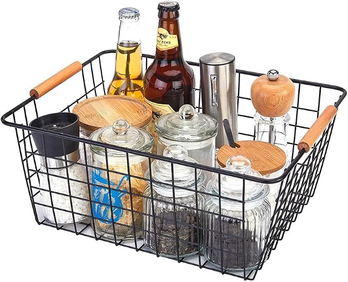 LeleCAT Large black wire baskets with Wooden Handles for storage pantry, Storage Organizer Baskets, Household Refrigerator for Cabinets, Closets, Bedrooms, kitchen - Set of 3 Black - Image 3