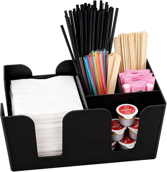 Commercial Cup and Lid Holder with Straw Organizer,Disposable Coffee Cup Condiment Dispenser for Countertop Org, Coffee Bar, Beverage Cup, Kitchen, Breakroom (Bar Caddy with 6 Compartments) by WELKORCateringEquipment