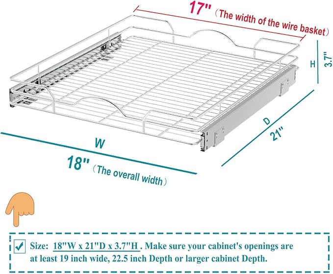 OCG Pull Out Cabinet Organizer (18" W x 21" D), Pull out Drawers, Cabinet Pull Out Shelves for Base Cabinet Organization in Kitchen Bathroom Pantry, Bottom Mount, Chrome Finish - Image 2