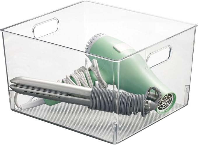 mDesign Large Modern Stackable Plastic Storage Organizer Bin Basket with Handles for Bathroom Vanity Organization - Shelf, Cubby, Cabinet, or Closet Organizing Decor - Ligne Collection - 4 Pack, Clear - Image 5