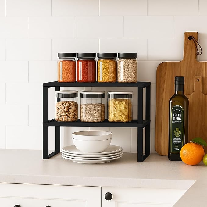 Sben Cabinet Organizer Shelf, Set of 2 Kitchen Counter Shelves, Kitchen Storage, Spice Rack, Stackable, Expandable, Metal and Engineered Wood, Ink Black and Charcoal Black - Image 2