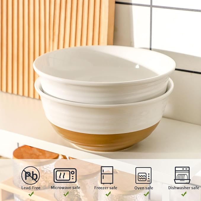 HASENSE Large Ceramic Serving Bowls Set of 2, 60 Oz 8.5 Inch White & Terracotta Stoneware Bowls, Farmhouse Bowls for Salad, Soup & Pasta, Dishwasher & Microwave Safe, Christmas Entertaining Dishes - Image 5