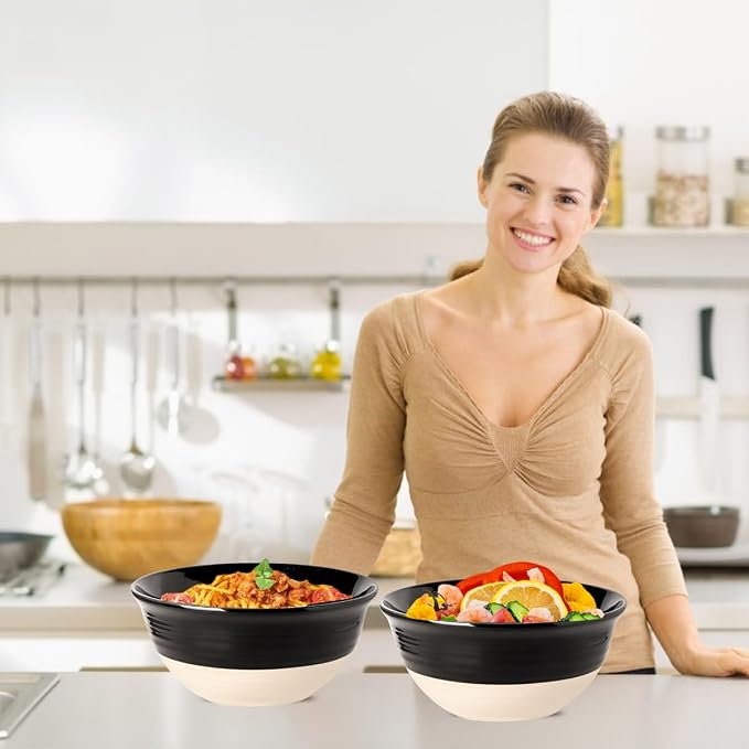 HASENSE Large Ceramic Serving Bowls Set of 2, 84 Oz 9 Inch Black & Beige Stoneware Mixing Bowls, Farmhouse Bowls for Salad, Soup, Popcorn & Baking, Dishwasher & Microwave Safe - Image 2