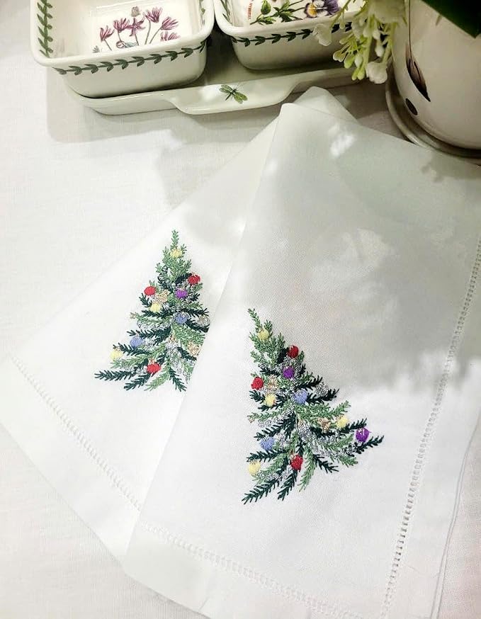 Embroidered Cloth Napkin Christmas Tree & Ornaments Cotton Napkins Set of 6, 20x20 Hemstitch Table Napkins Machine Washable, Daily & Christmas, Great Present Ideas - Image 2