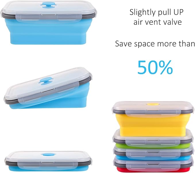 Collapsible Food Storage Containers with Airtight Lid, 27 oz, Kitchen Stacking Silicone Collapsible Meal Prep Container Set for Leftover, Microwave Freezer Dishwasher Safe, 4 Colors, Set of 4 - Image 3
