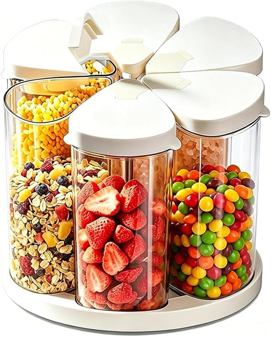 Rotating Food Storage Containers Set of 6, 23oz (690ml) Clear PET Jars with Dual Pour Lids, 360° Lazy Susan Pantry Organizer for Snacks, Cereal, Nuts, Oats & Dry Foods, Kitchen Grain Dispenser by ANKOU