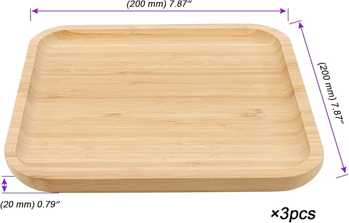 JOIKIT 3 Pack 8 Inch Bamboo Platter, Fine Polished Sqaure Wood Dinner Plates Bamboo Serving Tray for Holding Fruit, Bread, Cheese, Nut, Coffee, Tea, Plant Saucer - Image 2