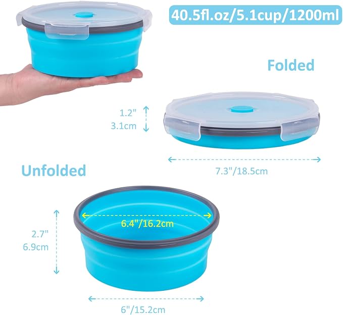 Collapsible Food Storage Containers with Airtight Lid & Vent, 40.5 oz, Kitchen Stacking Silicone Collapsible Meal Container Set for Leftover, Microwave Freezer Dishwasher Safe, Blue Round, Set of 4 - Image 5