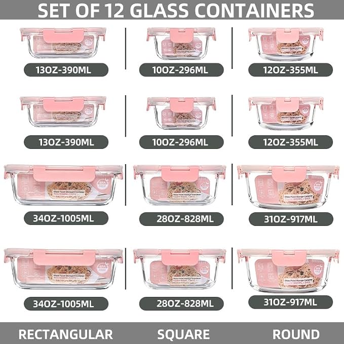 12 Pack Glass Storage Containers Transparent, Stackable Design Meal Prep Containers for Food Storage, Home, Kitchen & Pantry Organization, Microwave/Freezer/Dishwasher Safe - Image 2
