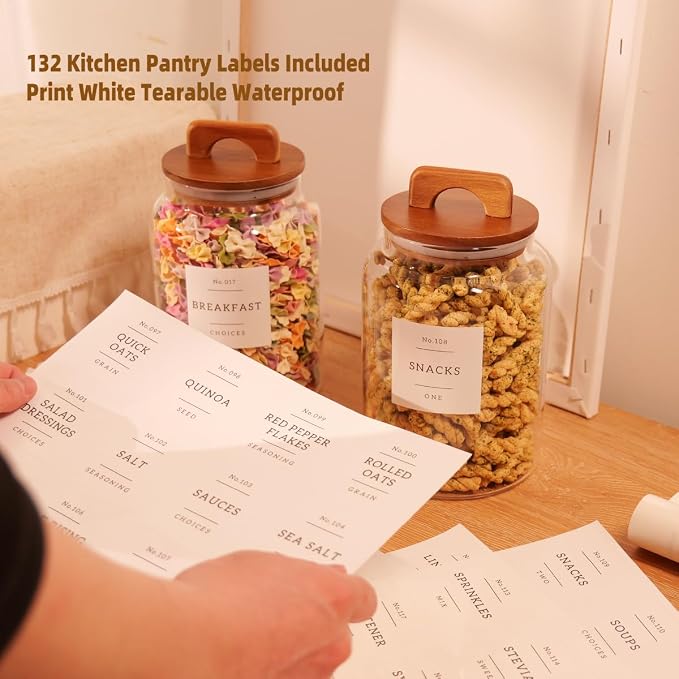 2 Pack Large Glass Flour and Sugar Containers with 132 Pantry Labels - 64 FL OZ Glass Canisters with Bamboo Airtight Lids - Farmhouse Glass Cookie Jars for Rice, Pasta, Cereal, Bath Salt - Image 6