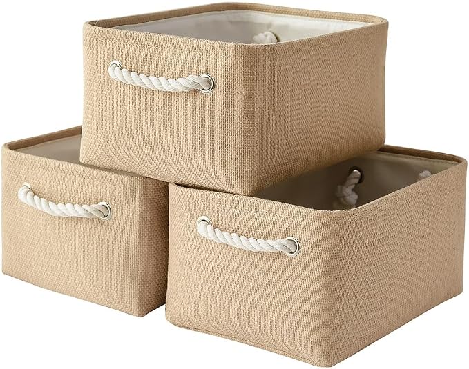 Storage Bins for Shelves - Medium 3Pack 13.8L*9.8W*6.7H inch Canves Storage Basket for Organizing, Fabric Storage with Handles for Clothes Baby Dog Toys(Beige) by TheWarmHome