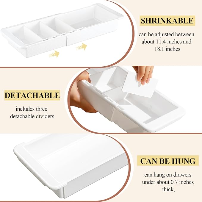 5 Pcs Expandable Drawer Organizer Bins Adjustable Deep Drawer Hanging Organizer Tray Expandable 11.4 to 18.1 Inches Plastic Dividers Storage for Office Bathroom Bedroom Kitchen Desk, White - Image 5