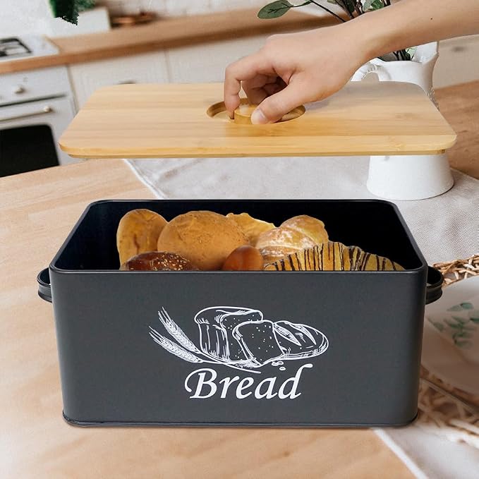 SOTECH Bread Box with 3pcs Jars Coffee Sugar Tea for Kitchen Countertop White Metal Bread Box with Bamboo Board Cover Pastry Storage Container Set Kitchen decor (Bread box-1) - Image 2