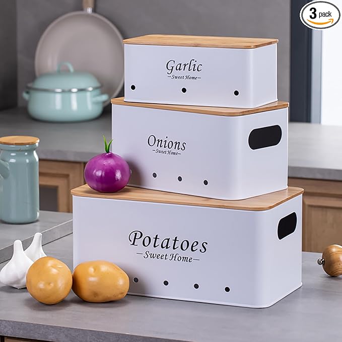 Kitchen Vegetable Storage Tins Set Of 3, Potato Onion Garlic Canisters | Storing potatoes, onions, and garlic. Features aerating holes to keep vegetables fresh and wooden lids for a stylish look by Simcat