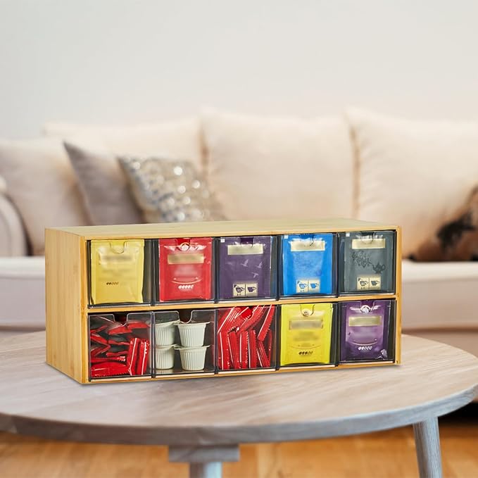 TIMIEEYA Tea Bag Organizer - Bamboo Tea Storage Organizer With Drawer 2 Layer, Tea Organizer for Tea Bags Natural Wood & Acrylic for Countertop Office Kitchen Cabinet Pantry - Image 7