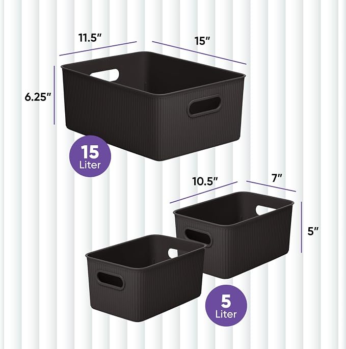 Superio Ribbed Collection - Decorative Plastic Basket Open Home Storage Bins Organizer, Brown (Set of 3) 1 Large, 2 Medium - Container Boxes for Organizing Closet Storage Bins for Shelves - Image 2