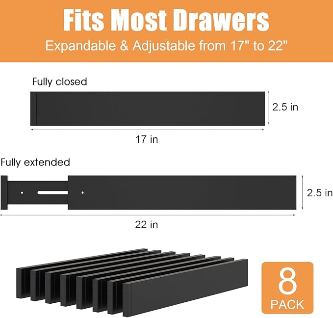 Bamboo Drawer Dividers, Adjustable Drawer Organizers, Fits 17.6–21" Drawers | 2.5" High, 8 Pack Expandable Drawer Separators for Kitchen, Nursery, Dressers & Office Storage, Black - Image 3