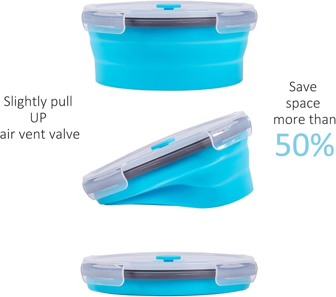 Collapsible Food Storage Containers with Airtight Lid & Vent, 40.5 oz, Kitchen Stacking Silicone Collapsible Meal Container Set for Leftover, Microwave Freezer Dishwasher Safe, Blue Round, Set of 4 - Image 3