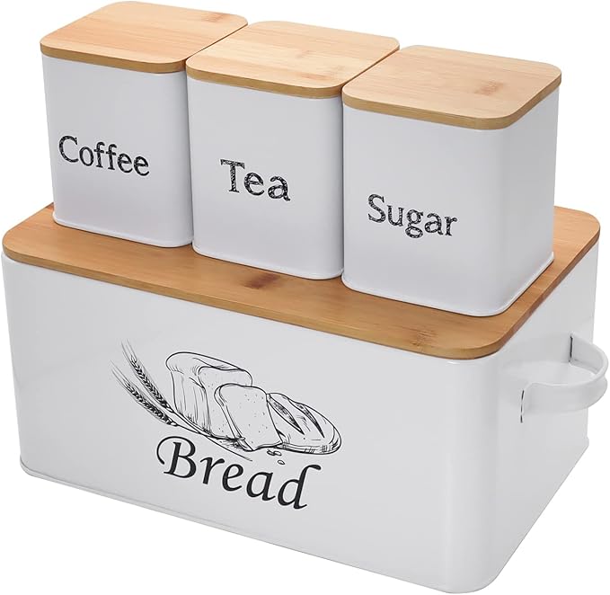 SOTECH Bread Box with 3pcs Jars Coffee Sugar Tea for Kitchen Countertop White Metal Bread Box with Bamboo Board Cover Pastry Storage Container Set Kitchen decor (white box with jars) by SOTECHLLC