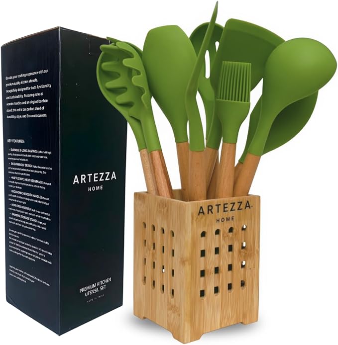 Green Silicone Kitchen Utensil Set – 10-Piece Cooking Tools with Wooden Handles & Ventilated Bamboo Holder, Heat-Resistant Silicone, Nonstick Safe, BPA-Free Kitchen Gadgets Set – Sage Green by Unknown