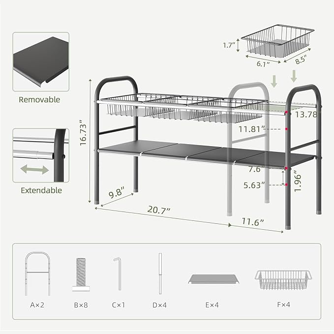 Under Sink Organizers and Storage,Expandable under cabinet organizer Shelf | 2 tier expandable shelf for kitchen,bathroom,4 Removable ABS Panels and 4 Baskets,Adjustable partition height,20.7-32.3" W - Image 3
