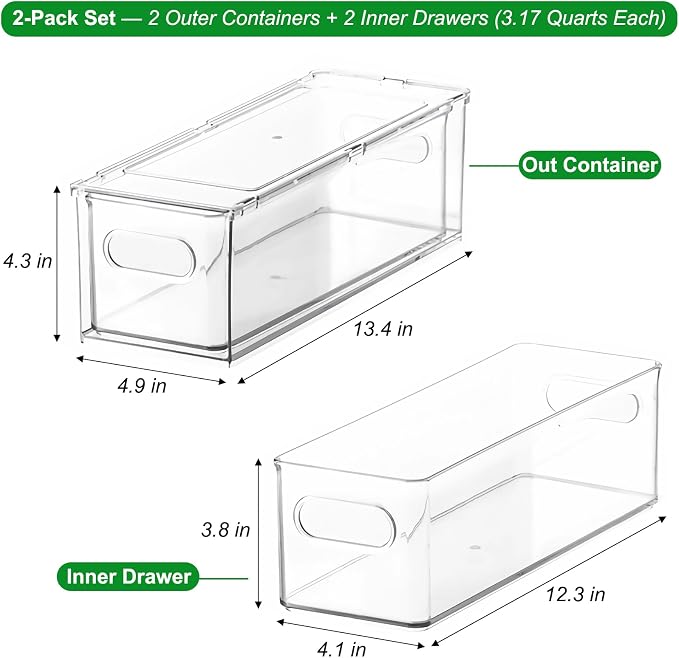 Taiuloo 2 Pack Stackable Refrigerator Organizer Bins with Pull-Out Drawer, Clear BPA-Free Food Storage Containers for Fridge Freezer, Kitchen Pantry Cabinet & Bathroom Vanity Organization - Image 2