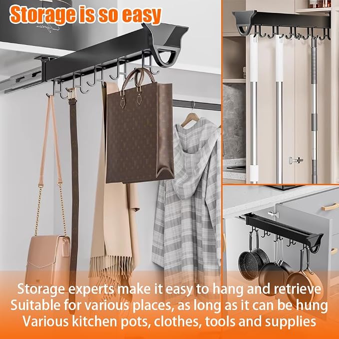 22" Hanging Pot Racks for Kitchen, Pull Out Pot Organizer Rack | with 16 Hook, Pot and Pan Organizer for Under Cabinet, Metal Pot and Pan Hanging Rack, Aluminum Alloy Full-Extension Rail - Image 3