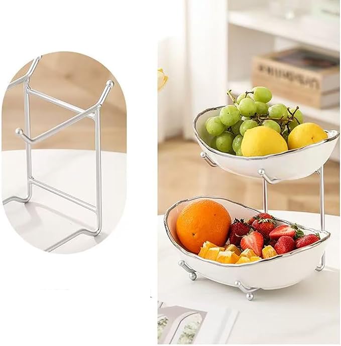 2-Tier Fruit Bowls for Kitchen Counter,Ceramic White Bowl with Silver Metal Stand,2 Tier Fruit Basket for Fruit,Snack,Cake,Nuts,Dessert Space Saving Storage - Image 5