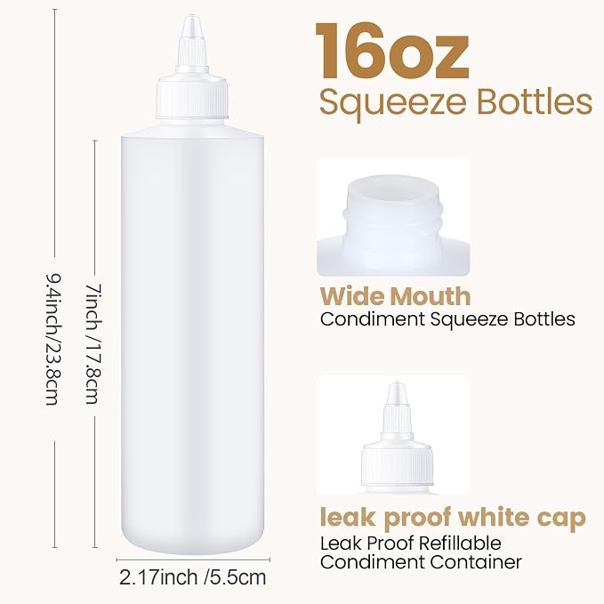 Irenare 16 oz 30 Pack Plastic Condiment Squeeze Bottles for Sauces Empty Squirt Bottle with Top Cap for Condiment BBQ, Dressing, Paint, Workshop, Crafts (White) - Image 2