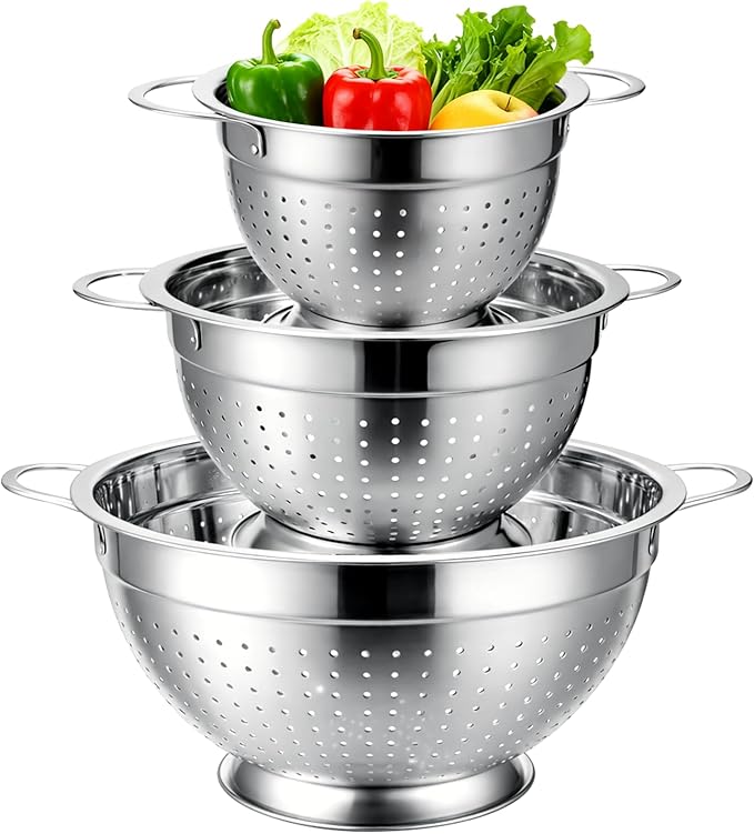 Palksky Stainless Steel Colander Set of 3, Nesting Metal Strainers with Handles and Raised Base, 7/8.7/11 Inch Kitchen Colanders for Pasta, Vegetables, Fruit, Rice, Salad and Meal Prep by Palksky