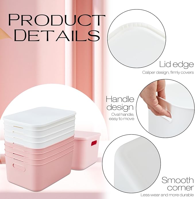 8 Pieces Colorful Storage Bins with Lid, Plastic Storage Basket Organizing Container Stackable Box with Handle for Shelves Desktop Playroom Office(13.8 x 9.8 x 5.9 Inch,White and Pink) - Image 3