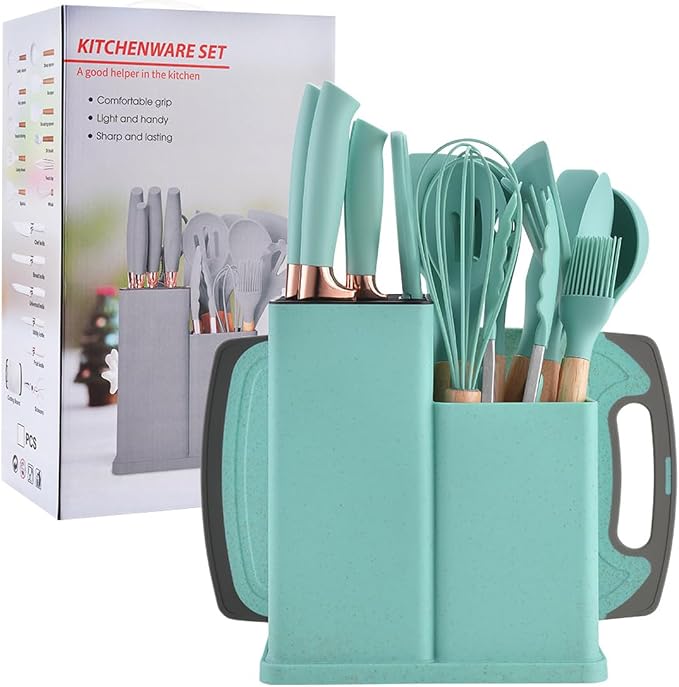 19 Pieces Kitchen Utensils and Knife Set with Block, Inldued 9 Pieces Silicone Cooking Utensils Set 5 Pieces Sharp Stainless Steel Chef Knives Scissors Whisk Tongs and Cutting Board (Black) - Image 4